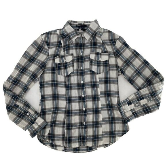 Sandra Ingrish Women’s Plaid Lightweight Collared Button Up Roll Tab Blouse Sz S - Picture 3 of 8